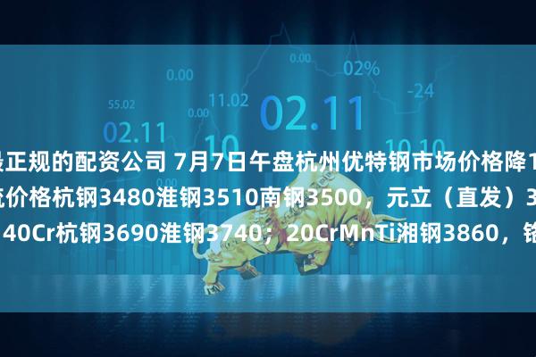 最正规的配资公司 7月7日午盘杭州优特钢市场价格降10。现45#Φ30以上主流价格杭钢3480淮钢3510南钢3500，元立（直发）3460东方3460，40Cr杭钢3690淮钢3740；20CrMnTi湘钢3860，铬钼湘钢4620淮钢4620。（单位：元/吨）